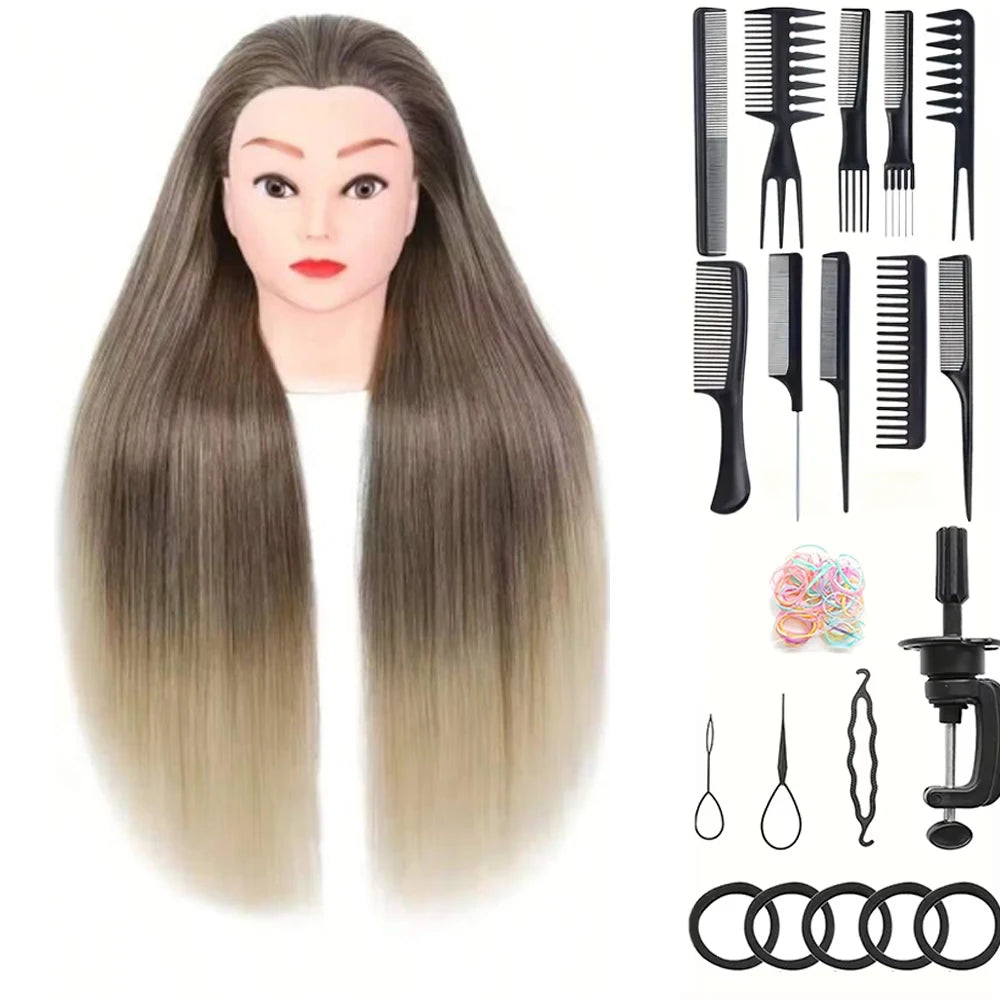 A display of professional cosmetology practice mannequin heads with long, straight gray hair and various styling tools.