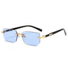 Rimless blue-tinted rectangle sunglasses with black frames