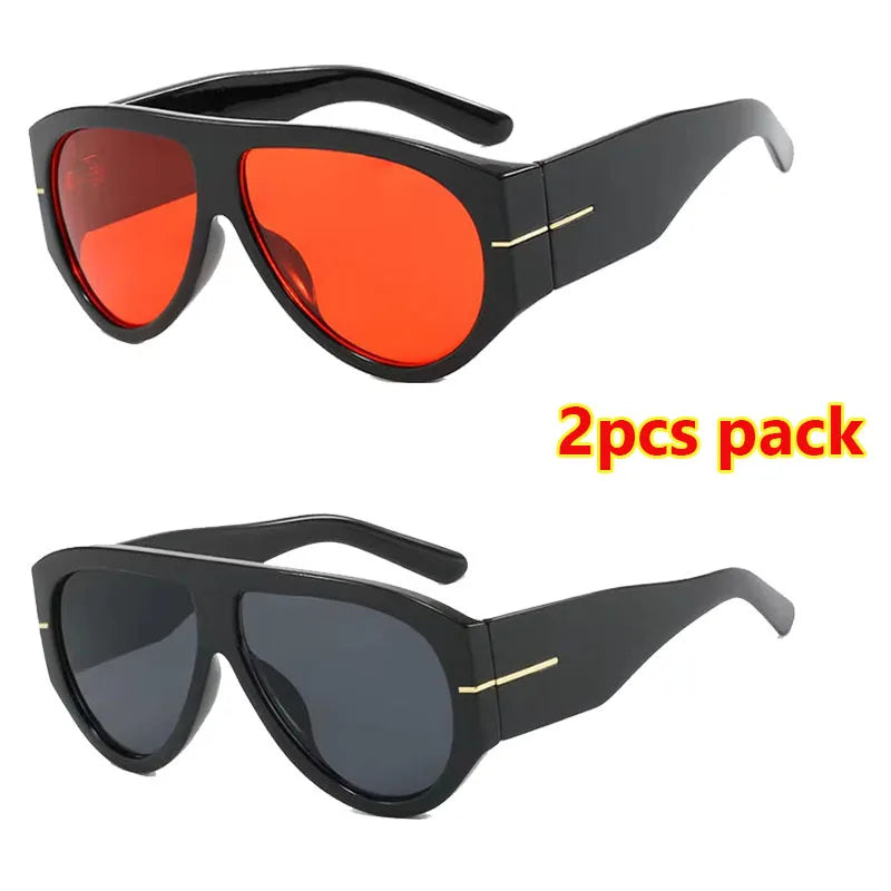 A pair of black retro oval sunglasses with bright orange lenses shown in a 2-piece pack.