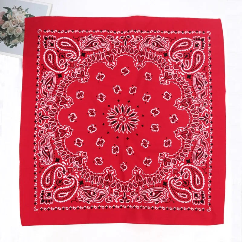 A red fabric featuring intricate white paisley embroidery and circular patterns.