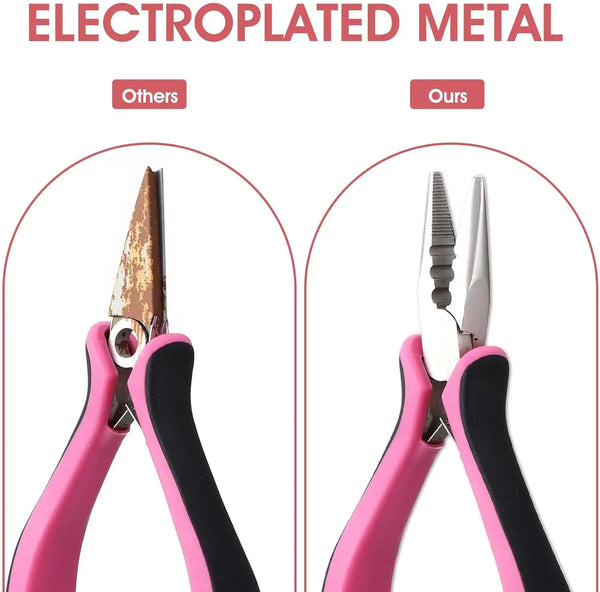 A pair of pink and black pliers used to grip a metal object, demonstrating an electroplated metal tool kit.