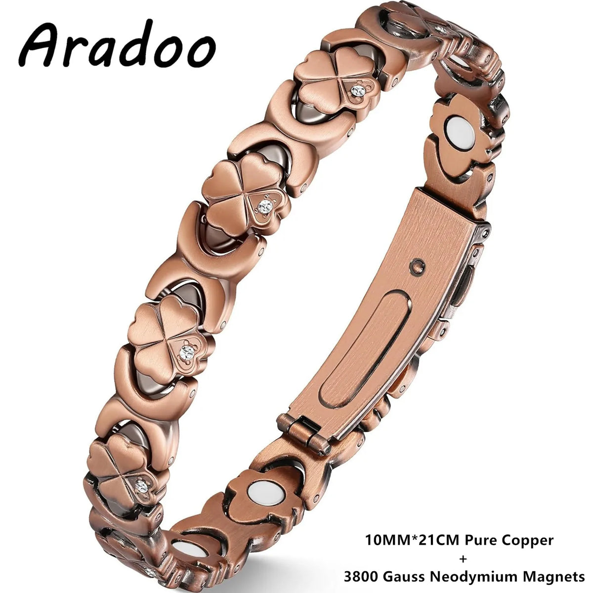 A close-up view of a rose gold pure copper magnetic crystal bracelet with a textured band and a rectangular clasp.