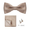 A beige striped bow tie and cufflinks set displayed against a white background.