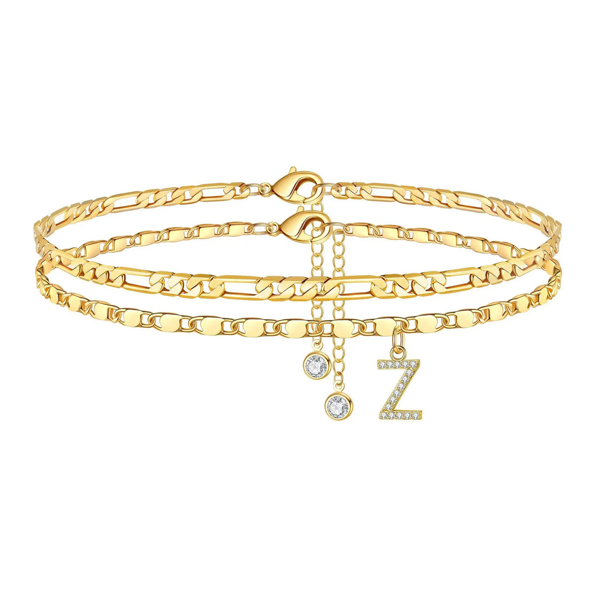 Gold plated initial letter anklet featuring a chain and a Z charm