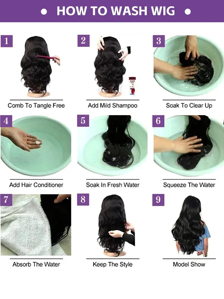 A nine-step guide showing how to wash and style a blonde straight HD lace front wig.