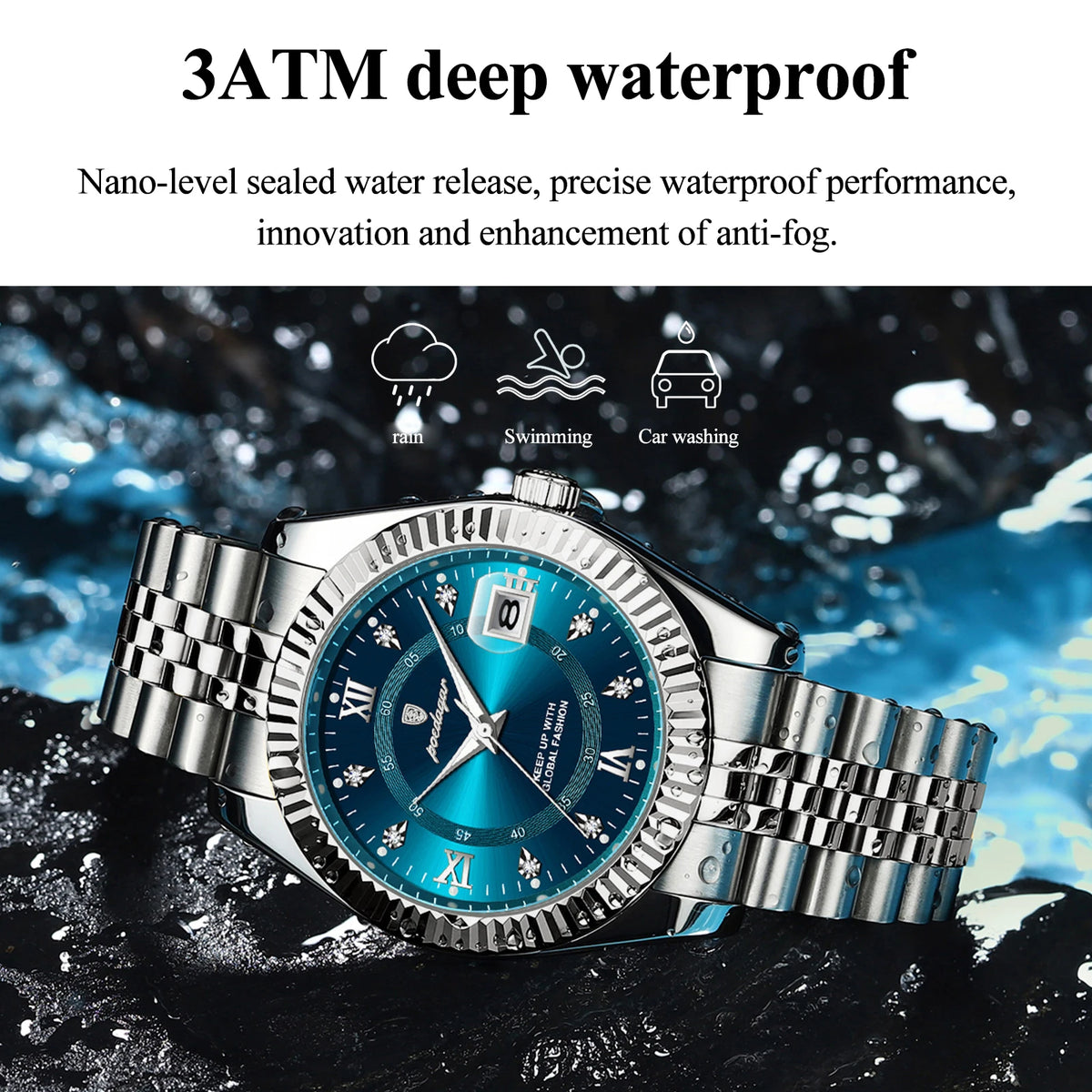 Montre-bracelet quartz argentée pour homme, mettant en valeur ses caractéristiques étanches sur une surface sombre.