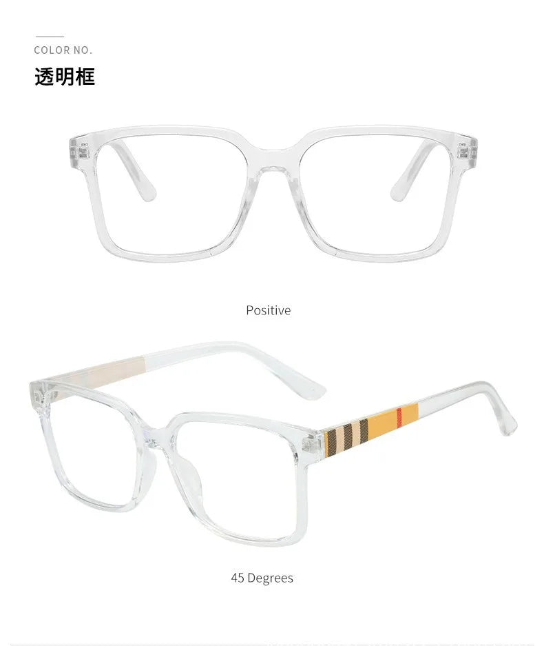 Clear rectangular eyeglasses with a tortoiseshell accent on the temple arm, shown in a positive view and at a 45-degree angle