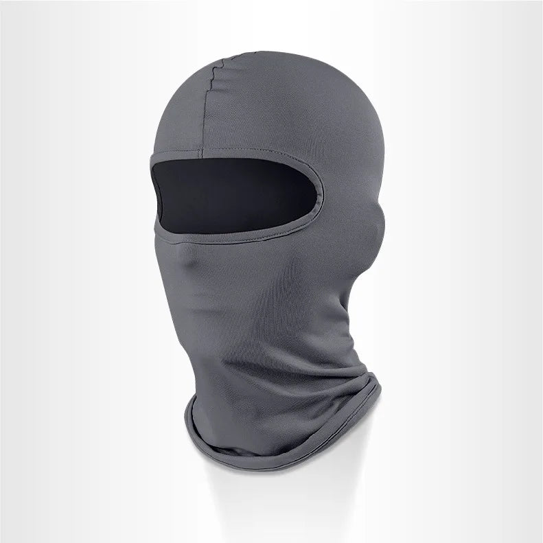 Balaclava for helmet liner made of gray, breathable ice silk, shown against a white background.