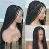 A close-up of a black cornrow braid wig with full lace on a mannequin head.