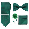 A set of men's formal tie and accessory featuring a teal green patterned tie, bow tie, and pocket square.