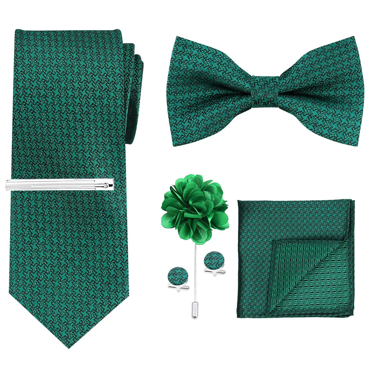 A set of men's formal tie and accessory featuring a teal green patterned tie, bow tie, and pocket square.