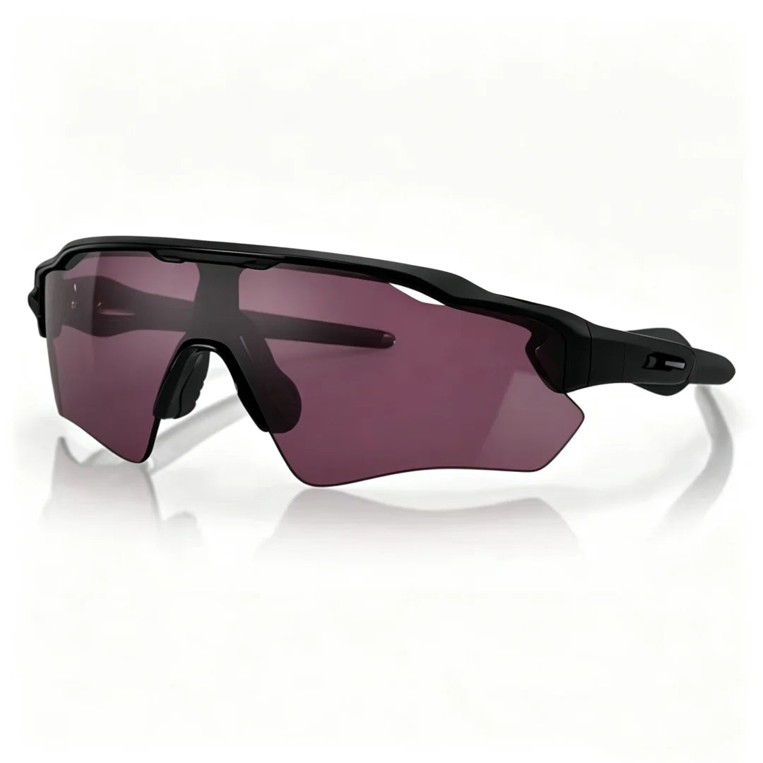 A pair of dark purple polarized cycling sunglasses with a black TR-90 frame.