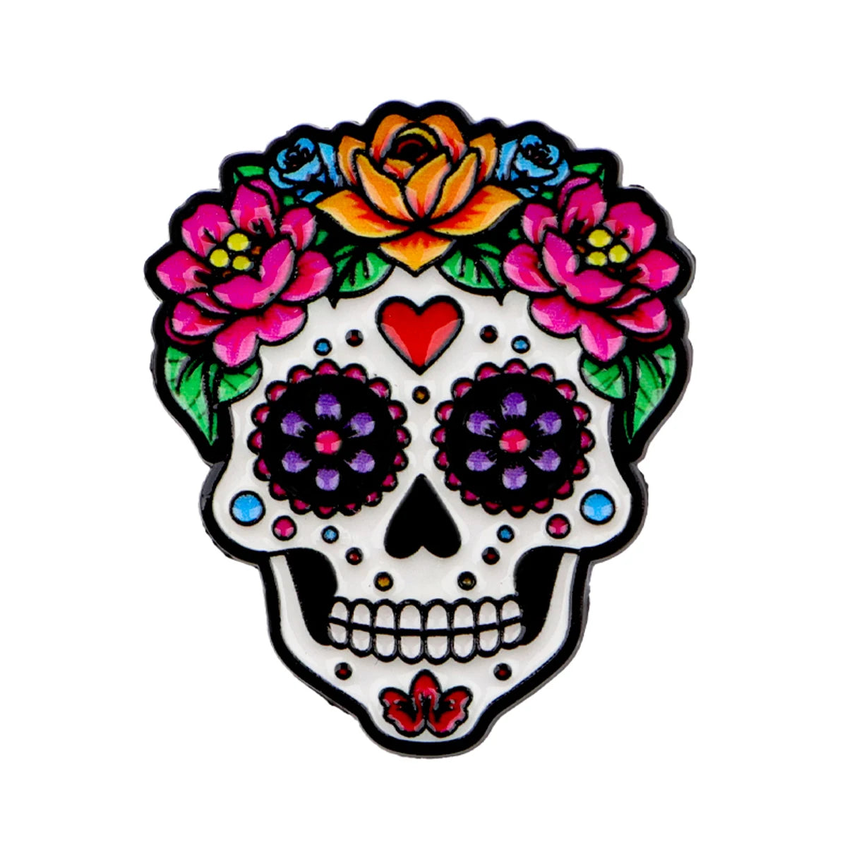 A colorful enamel pin featuring a skull decorated with vibrant flowers and a red heart.