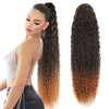A woman models a 24-inch long curly wave drawstring ponytail hair extension in a dark brown color.