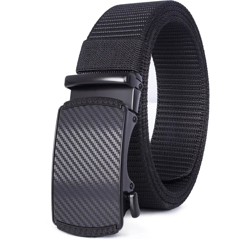 Black tactical canvas utility belt with a black nylon strap and a black leather buckle.