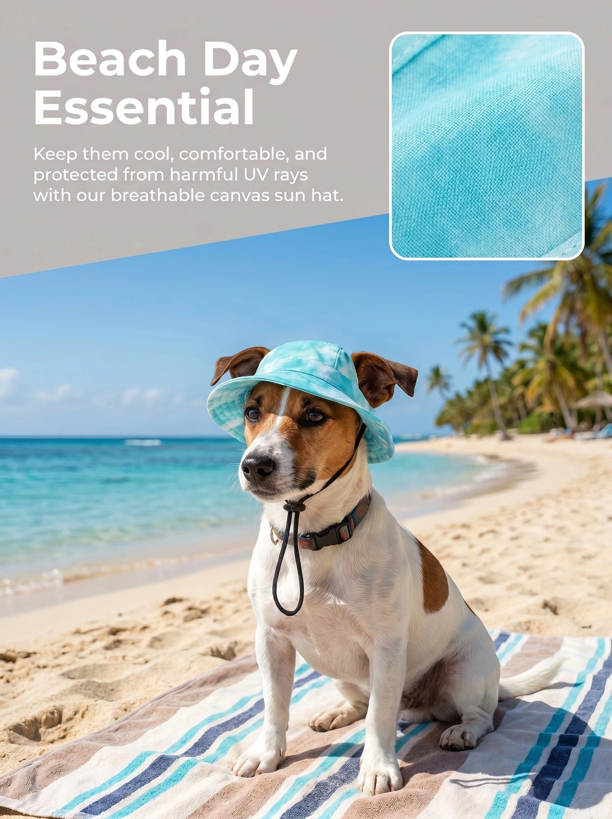 Un chien portant un chapeau de soleil en toile bleu clair, assis sur une plage avec l'océan en arrière-plan.