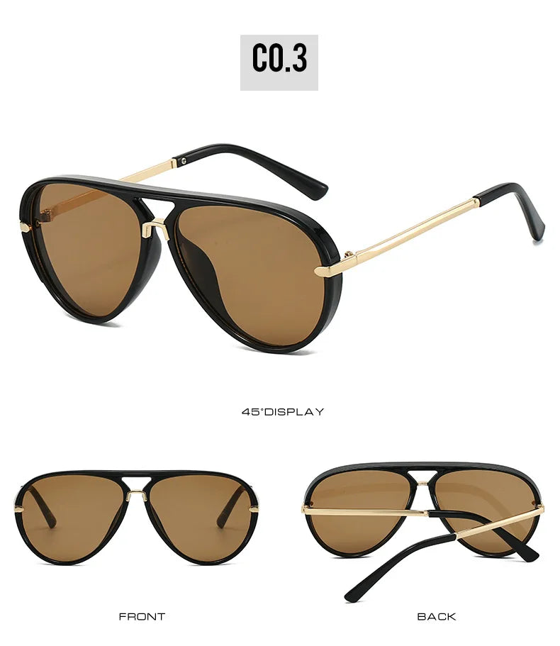 A pair of brown aviator-style sunglasses with black frames and gold accents shown from the front and back.