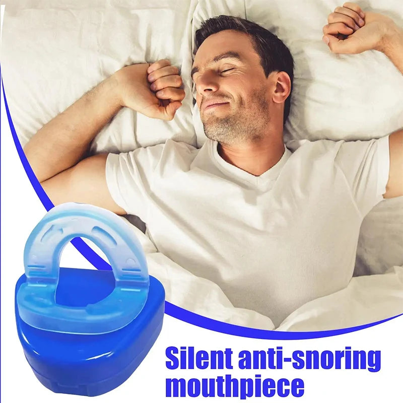 A man sleeping comfortably with a blue anti-snoring mouthpiece placed near his face.
