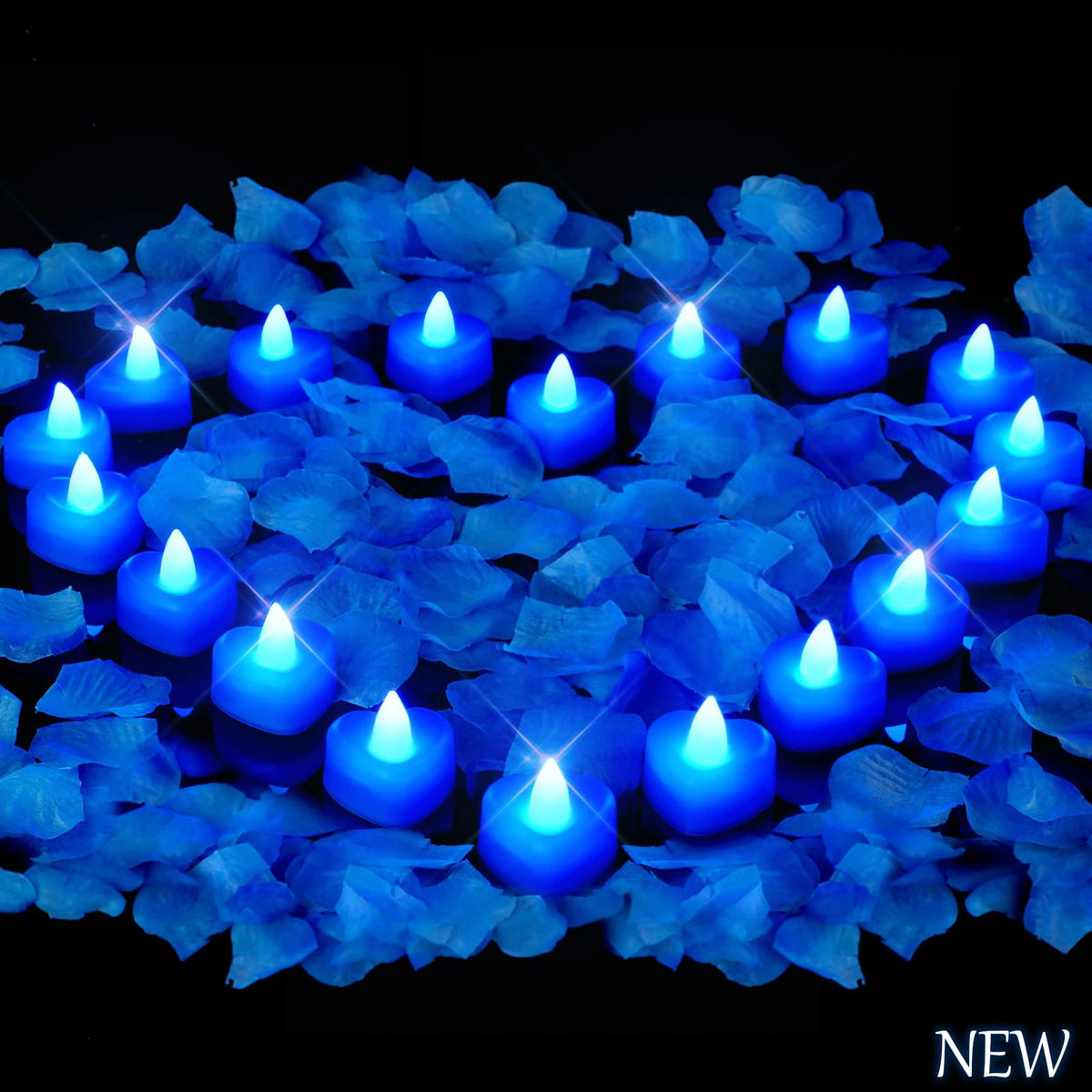 A collection of blue LED flameless tealight candles arranged on a dark background.