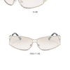 A set of clear gradient mirror sunglasses shown from the side, positive view, and back.