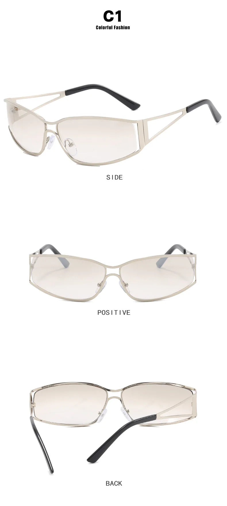 A set of clear gradient mirror sunglasses shown from the side, positive view, and back.