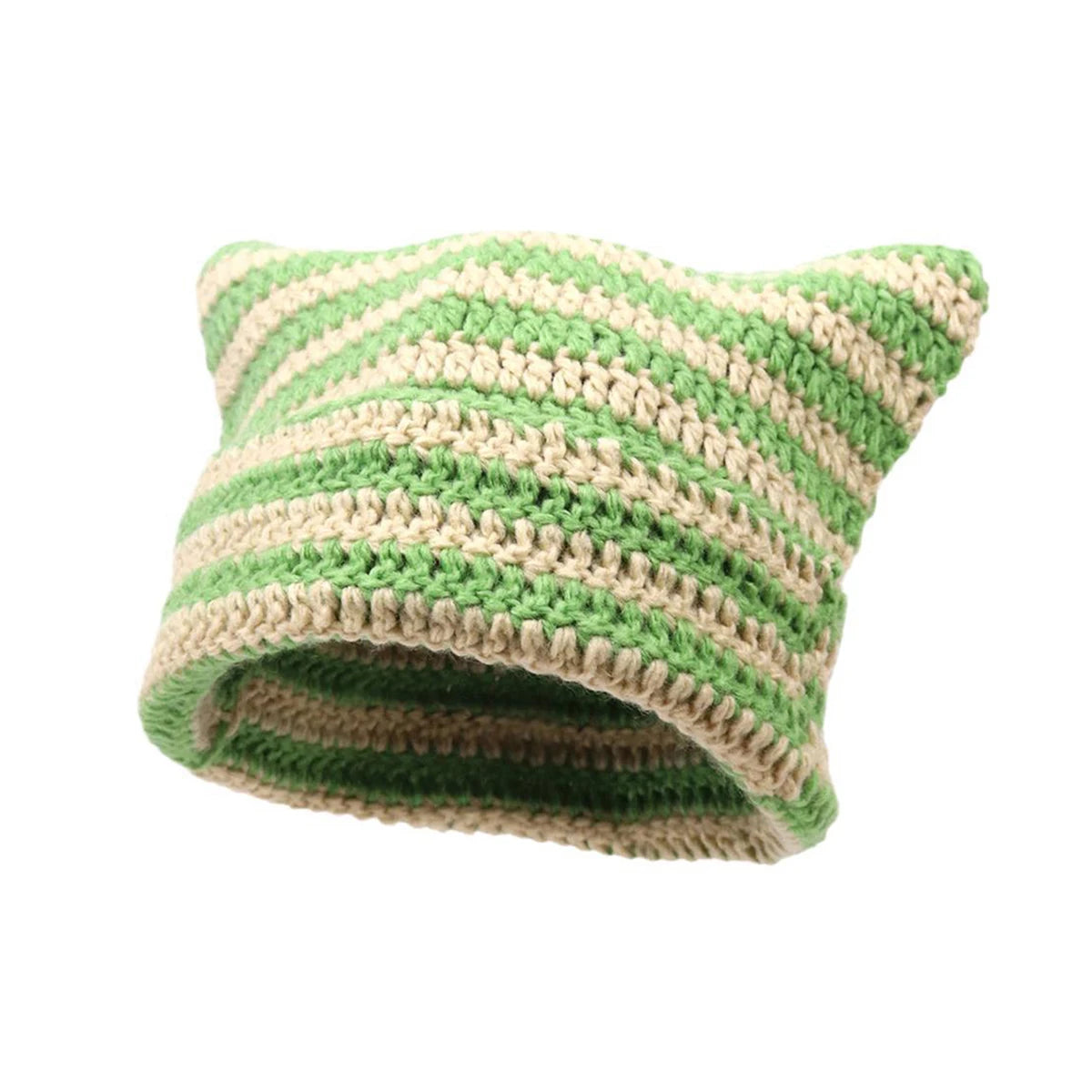 A knitted beanie hat with striped green and beige yarn, featuring a textured stitch pattern.