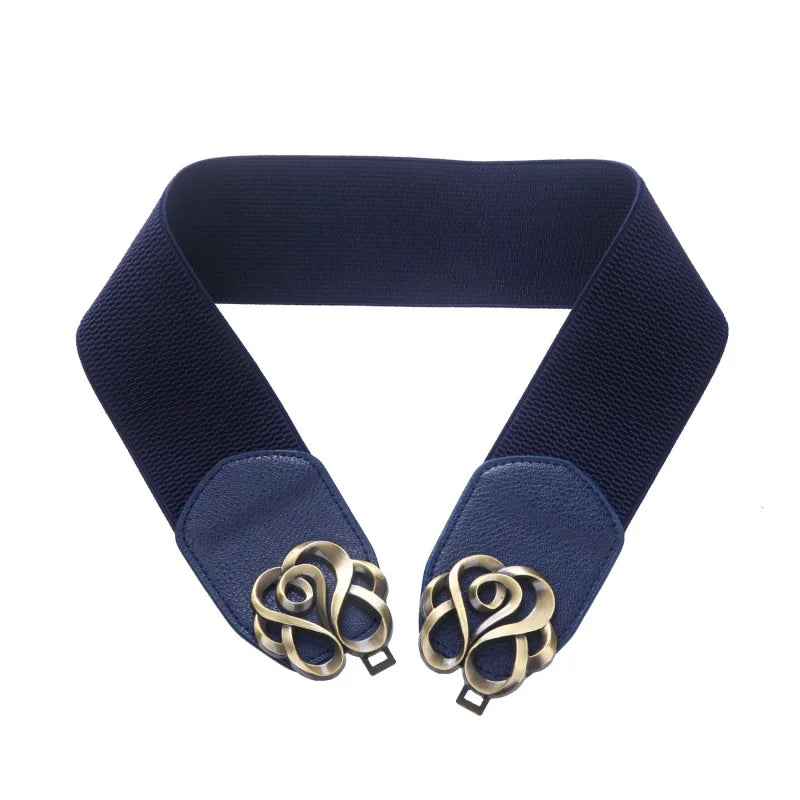 Navy blue vintage leather elastic belt with a brass decorative buckle