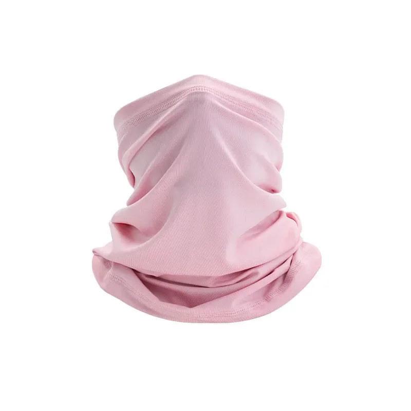 A light pink breathable multi-use mesh scarf folded and displayed against a white background.