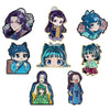 A collection of nine cute anime character brooches featuring various magical girl and fantasy characters with purple, blue, a