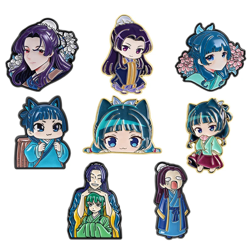 A collection of nine cute anime character brooches featuring various magical girl and fantasy characters with purple, blue, a