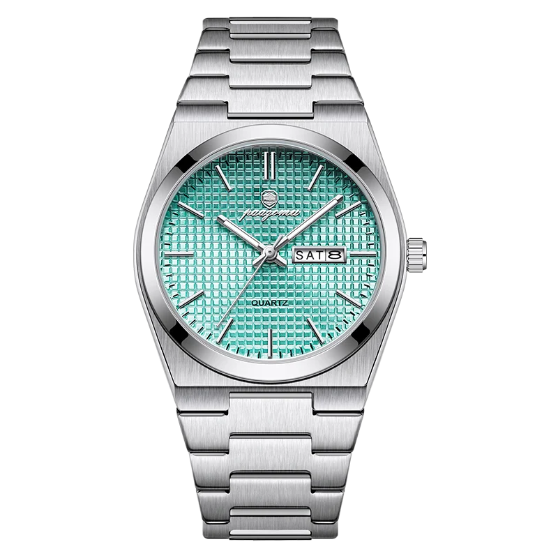A silver-toned luxury men's waterproof quartz wristwatch with a light blue dial and stainless steel band.