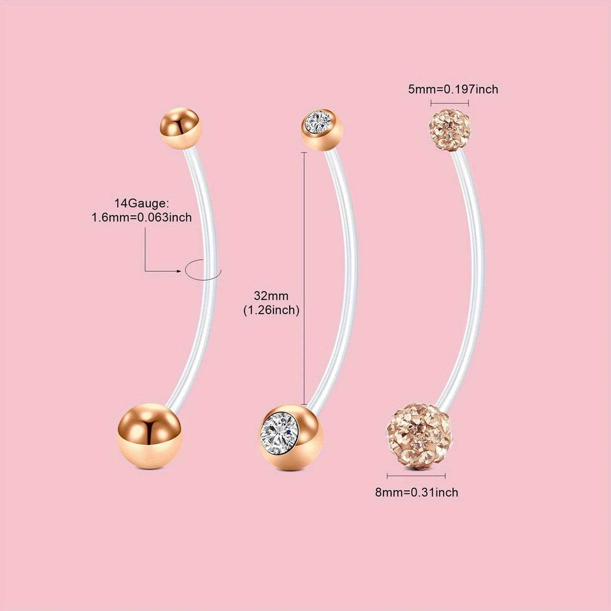 A set of elegant belly button rings featuring gold-toned findings and clear and rose-gold colored stones.