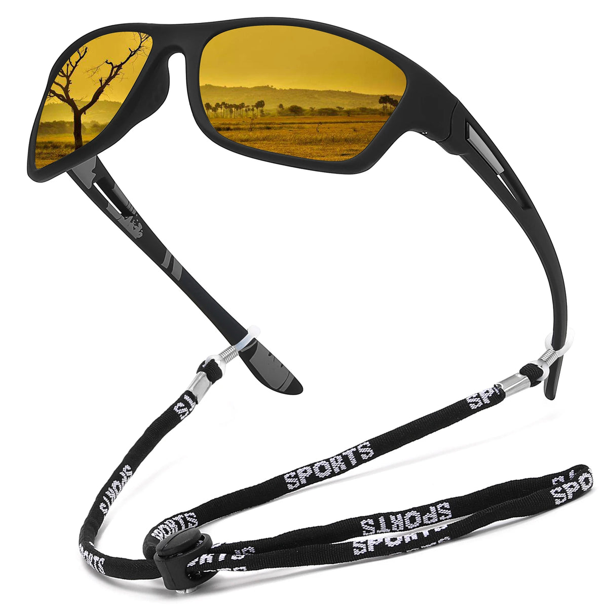A pair of black polarized sunglasses with yellow-tinted lenses resting on a black strap.