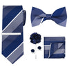 A set of men's formal tie and accessory featuring a blue striped tie, bow tie, and pocket square.