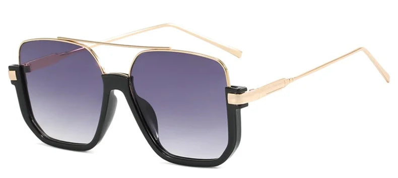 Double bridge oversized square sunglasses with black frames and gold accents