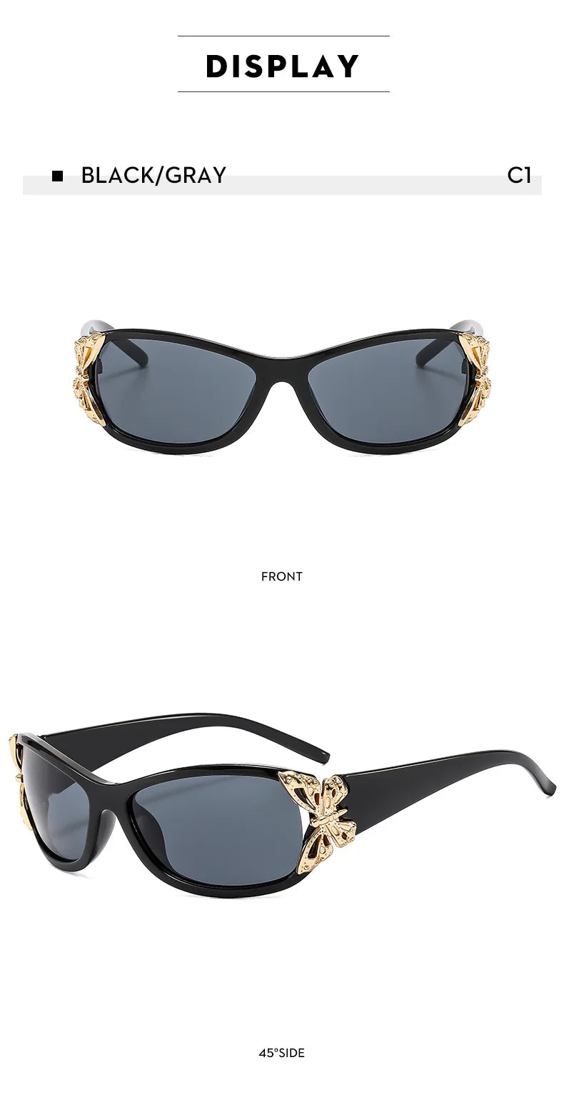 Schwarz-graue Wrap-Around-Sonnenbrille mit goldfarbenem Schmetterlingsdetail, frontal und seitlich dargestellt.