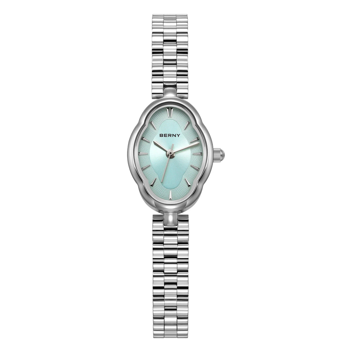 Montre-bracelet en acier inoxydable quartz argenté avec cadran bleu clair et bracelet maillons métalliques.