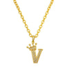Gold chain necklace featuring a sparkling letter V pendant shaped like a crown