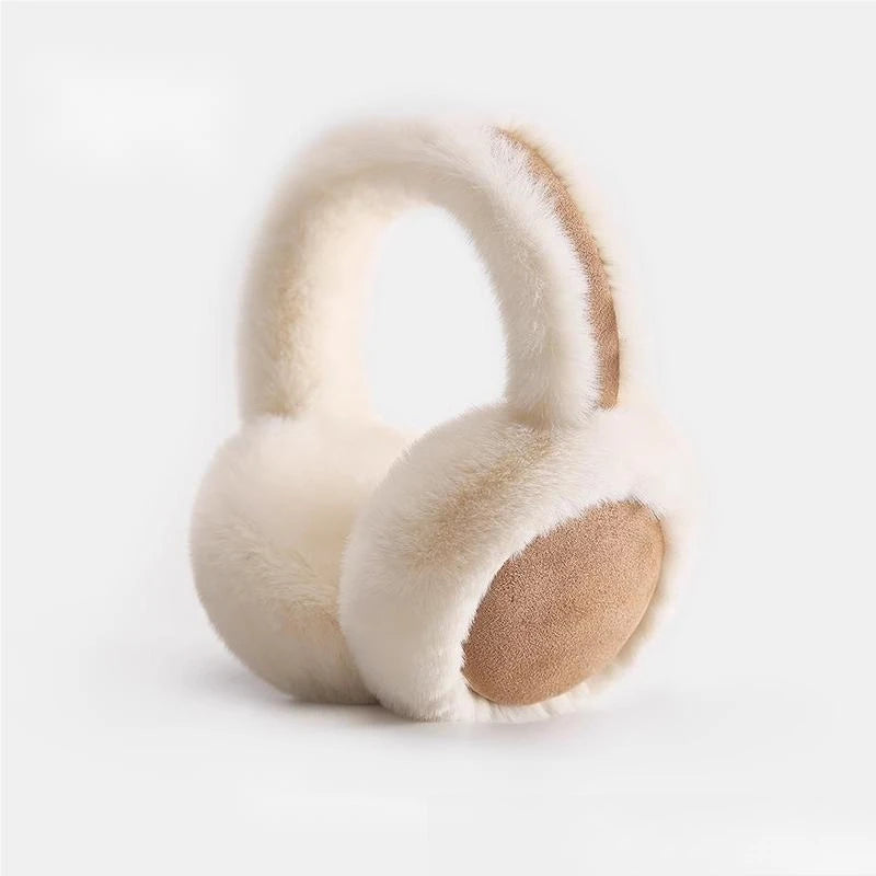 A pair of classic winter ear muffs with light beige fur and tan accents.