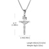 A silver stainless steel cross necklace with an engraved initial and a detailed crucifix design.