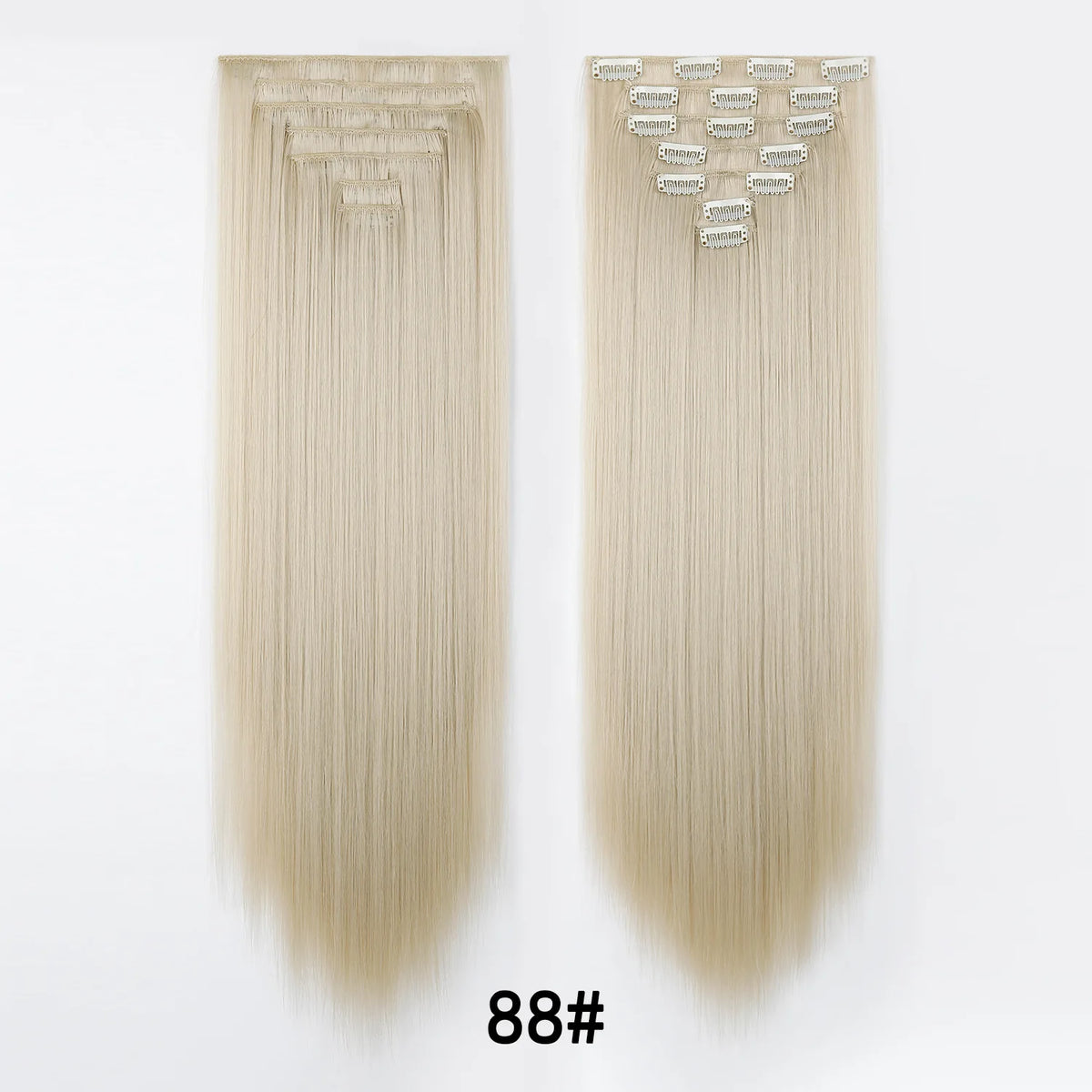 A pair of 24-inch clip-in hair extensions featuring straight, light blonde hair with clip-in pieces at the crown.