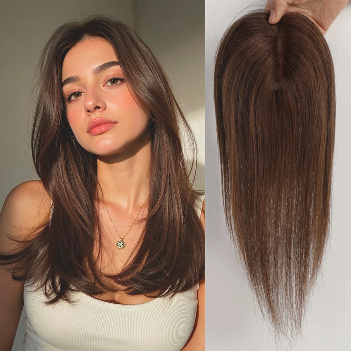 A woman models a long, straight light brown ombre hair extension with lace base.