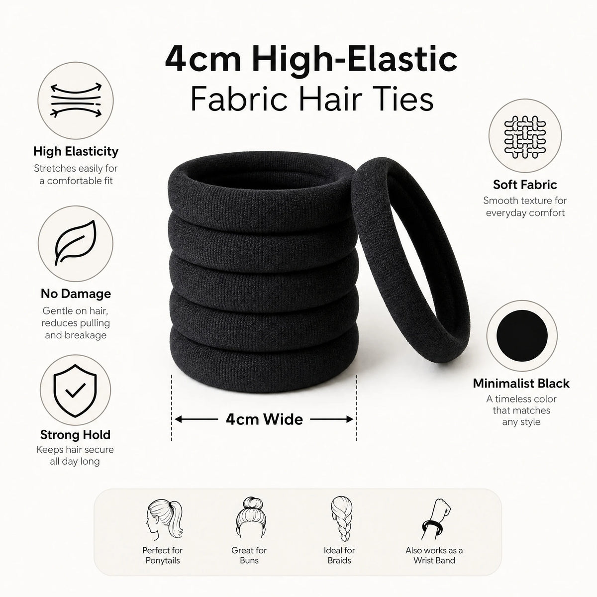 Scrunchies noirs en tissu élastique pour chignons, tresses et bracelets de poignet