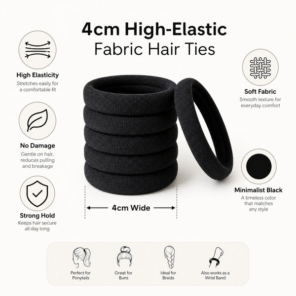 Black high-elastic fabric hair ties shown with various uses like ponytails, buns, braids, and wrist bands