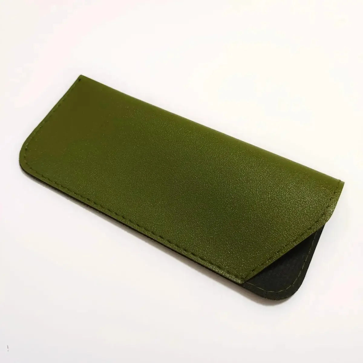A dark olive green PU leather glasses case shown in a diagonal angle.