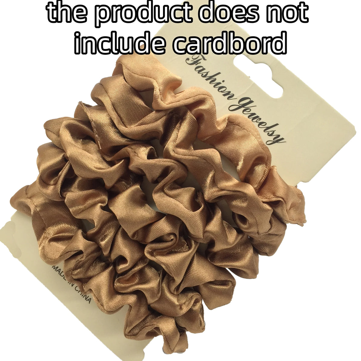 A pile of satin hair scrunchies in a champagne or beige color is shown on a white background.