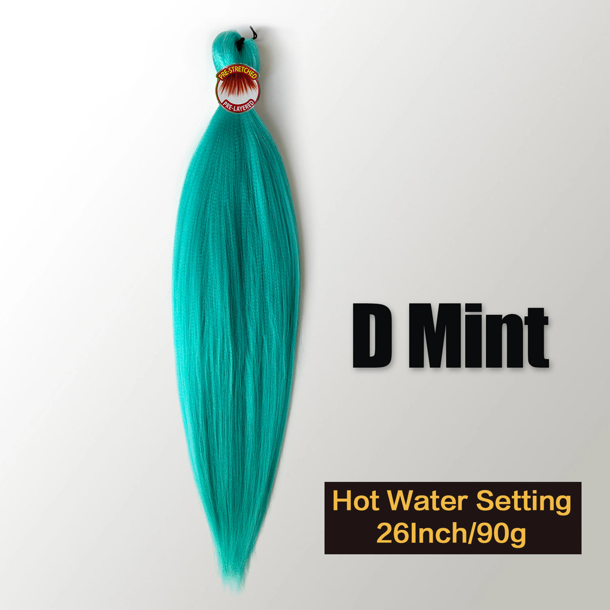 A teal pre-stretched Kanekalon braiding hair extension with a heat setting label visible.