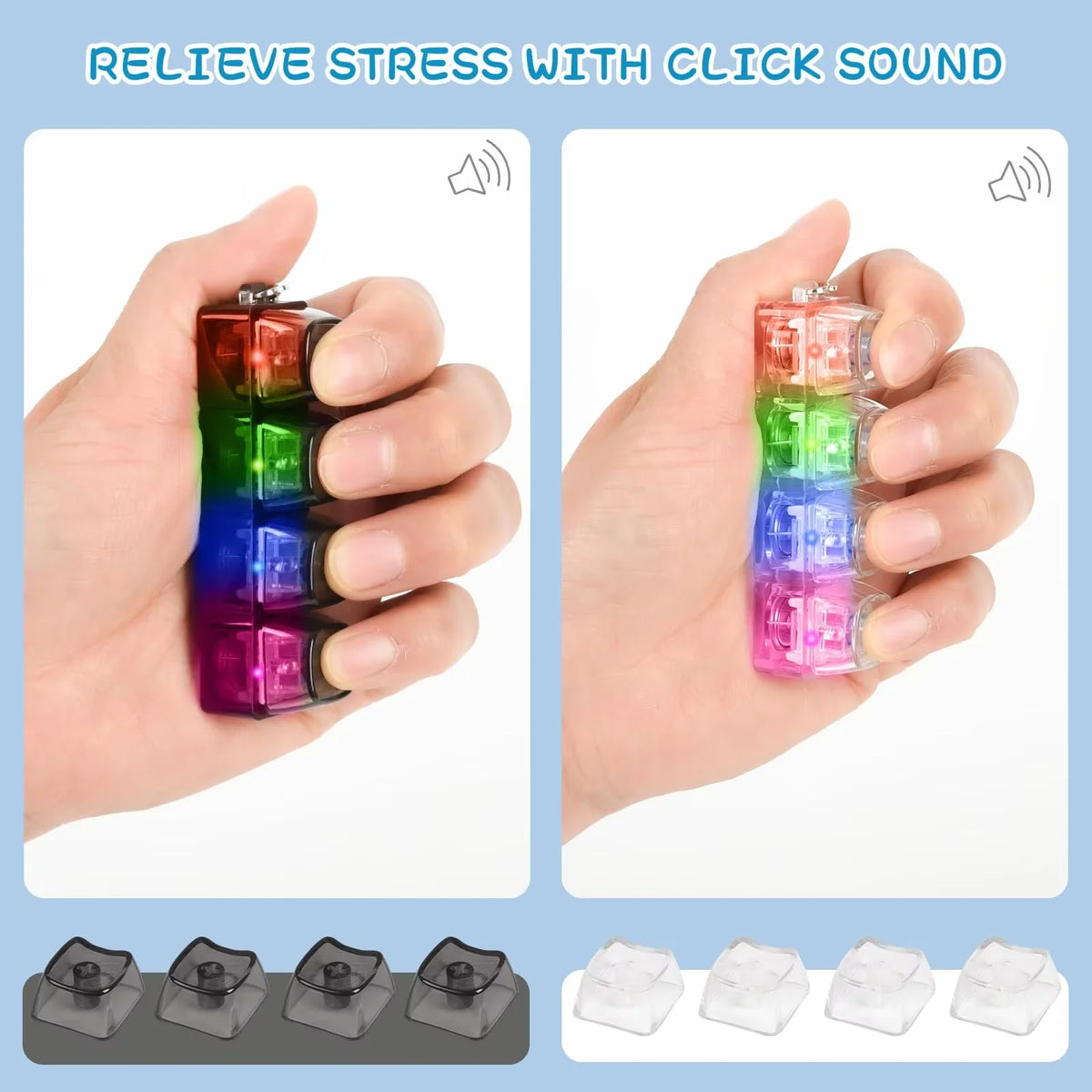 A hand holds a colorful, translucent LED fidget keychain with a click sound mechanism and several clear silicone pieces.
