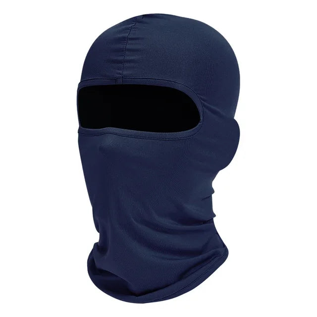 Dark blue all-in-one outdoor balaclava with a hood and face covering.