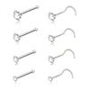 A set of stainless steel nostril studs featuring crystal and gold finish designs.